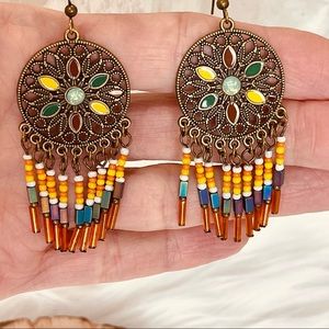 BoHo beaded EARRINGS drop hanging statement medallion flower CRYSTAL enamel